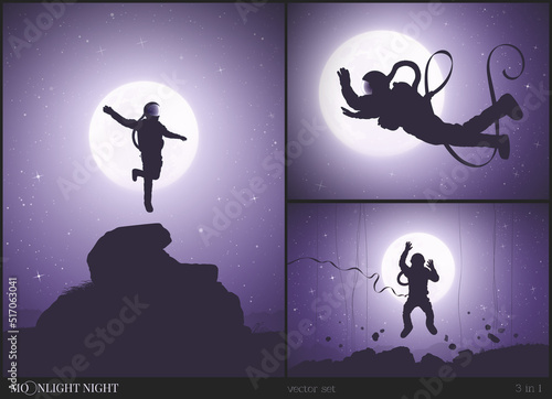 Falling astronaut. Flying cosmonaut. Sci Fi. Lonely man and full moon.