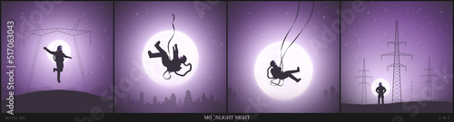 Flying astronaut. Cosmonaut on swing. Lonely man silhouette. Sci Fi