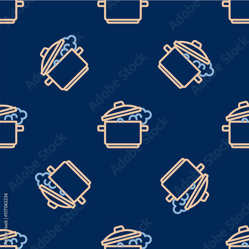 Line Cooking pot icon isolated seamless pattern on blue background. Boil or stew food symbol. Vector