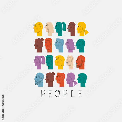 Vector illustration of people in profile isolated on white background. Cute unrealistic men and women of different skin colors and with a variety of hairstyles.