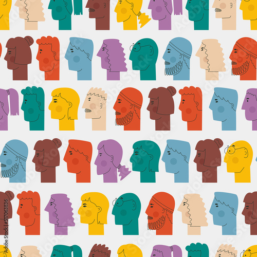Vector seamless pattern with people's faces in profile. Cute unrealistic men and women of different colors and with a variety of hairstyles.