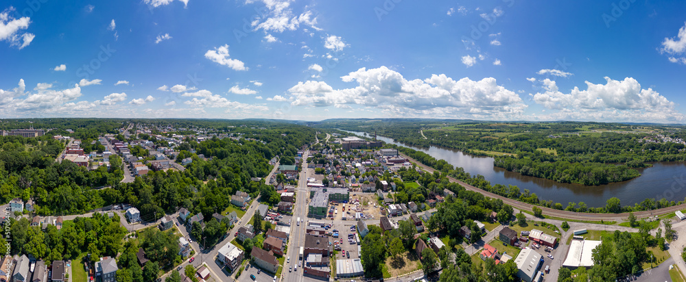 Aerial panoramic view of Amsterdam, New York. July 6, 2022