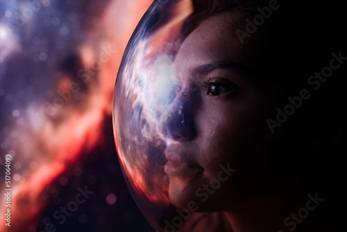 Concept: space expedition. Portrait Female astronaut in space on planet orbit                           