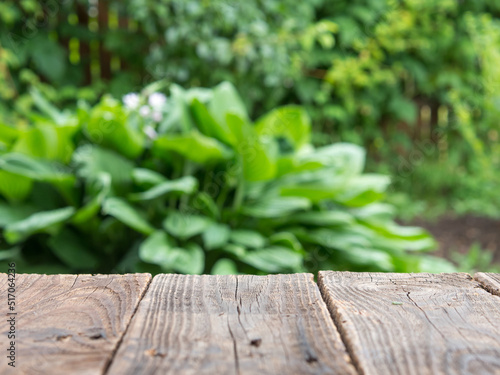 Empty wooden table garden view bokeh for catering or food, product showcase mockup template