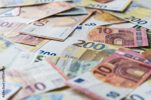 Closeup of different Euro cash banknotes