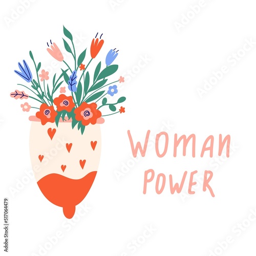 Menstrual cup with flowers. Female regular menstrual cycle concept. Women period, menstruation, premenstrual syndrome, uterus. Hand draw vector illustrations.