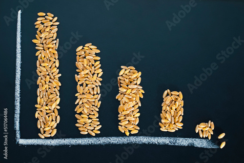 Bar chart of wheat grains, declining world wheat supply. Food crisis and world hunger concept background photo