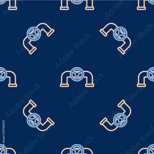 Line Oil pipe with valve icon isolated seamless pattern on blue background. Vector