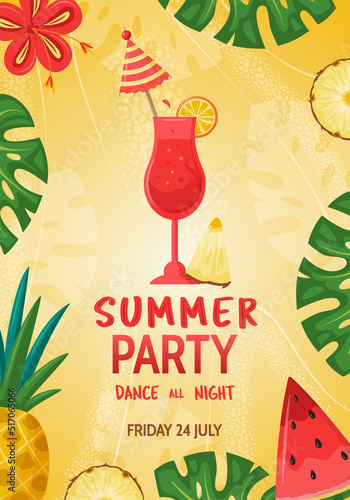 Colourful Summer Party background layout banners design. Leaves, pineapple, watermelon, hibiscus flower and cocktail on yellow background. Vertical poster, flyer, invitation