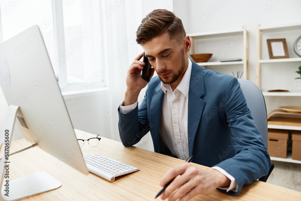 businessmen computer desktop work self-confidence Gray background businessmen computer desktop work self-confidence Gray background