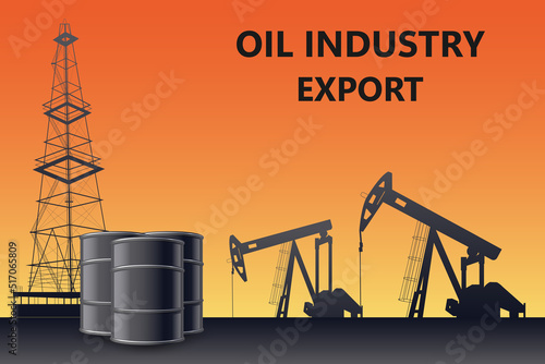 Silhouette of oil or gas drilling rigs on a sunset background. Oil industry. Vector illustration