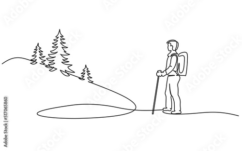 Tourist hiking mountains. Continuous one line drawing
