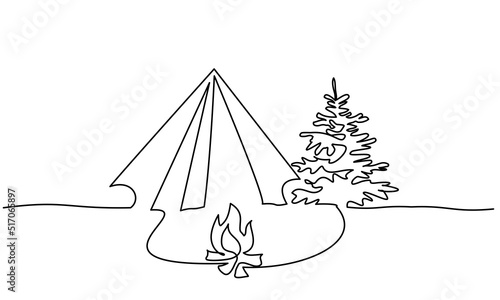 Tourist tent with fire and pine tree. Continuous Single one line