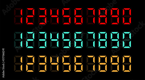Vector set of electronic digits numbers font from a clock and a countdown timer. Red orange watch and calculator display symbols © Ra