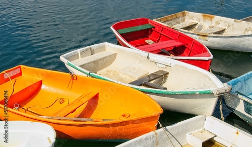 Colorful dinghy boats tied up in Rockport harbor