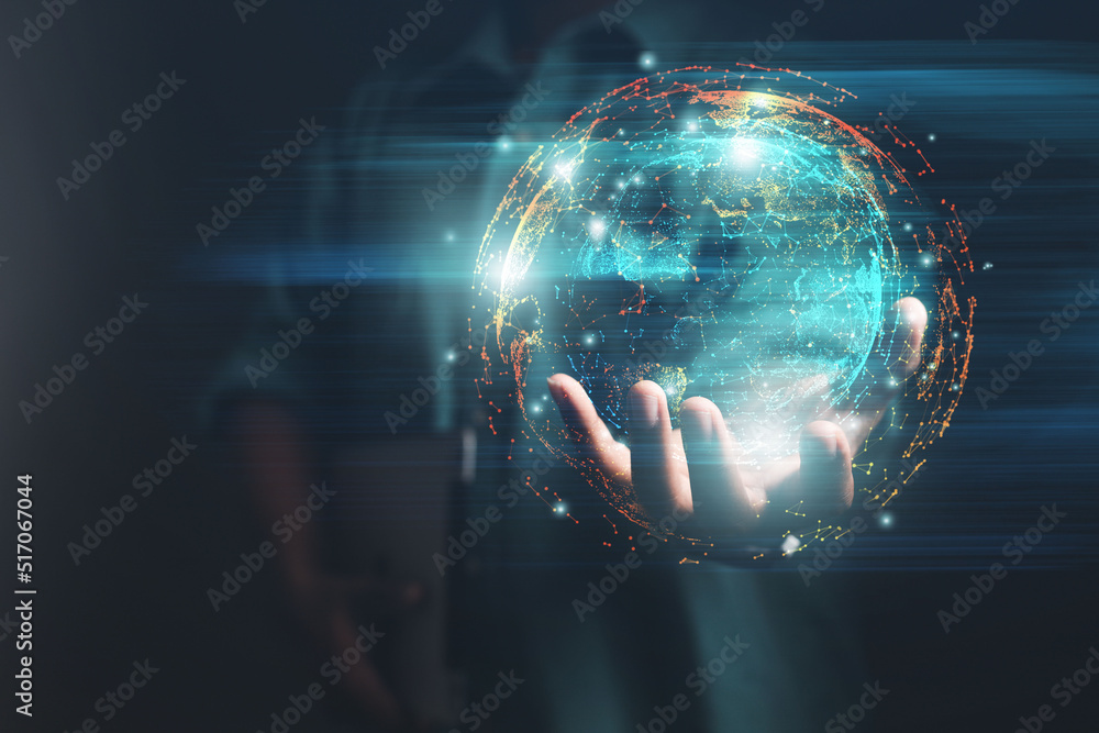 Businessman presenting futuristic business world metaverse graphic. In the form of innovation in digital business processing technology, innovation of the 21st century	
