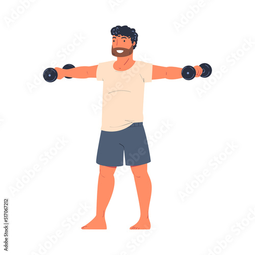 Young Bearded Man Character with Dumbbell Doing Sport at Home Vector Illustration
