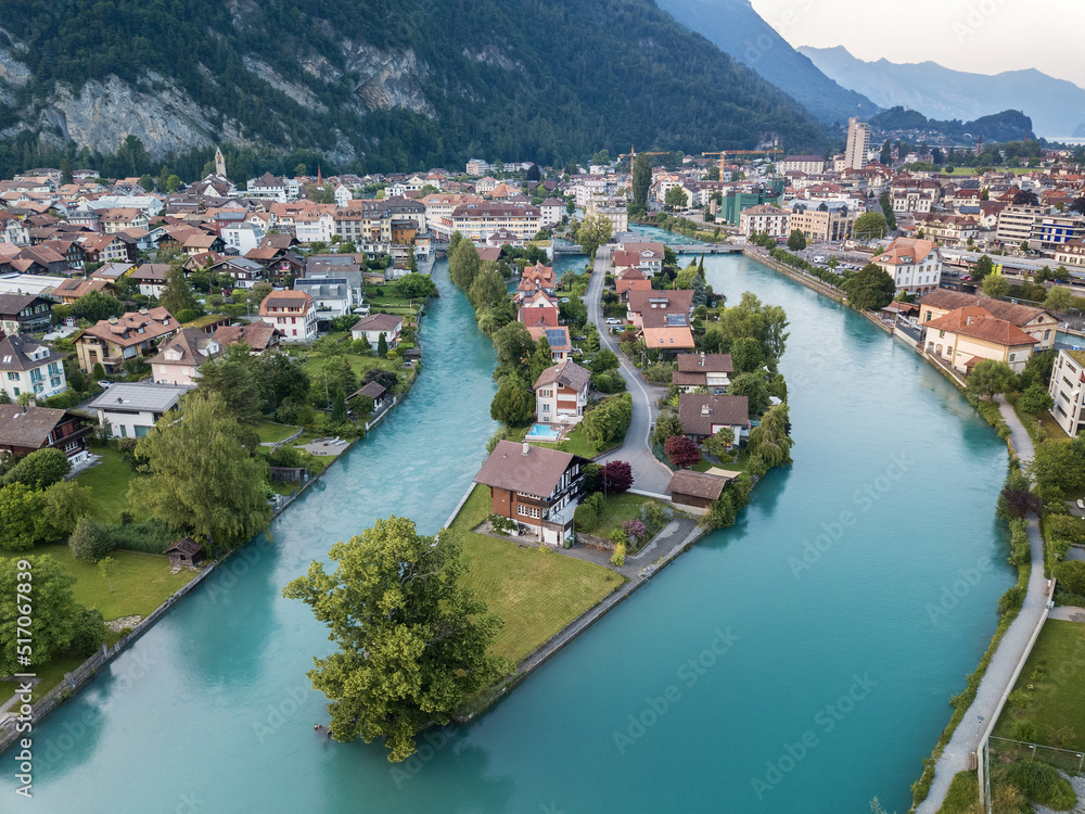 Interlaken, Switzerland 17 June 2022 Aerial view over the city of