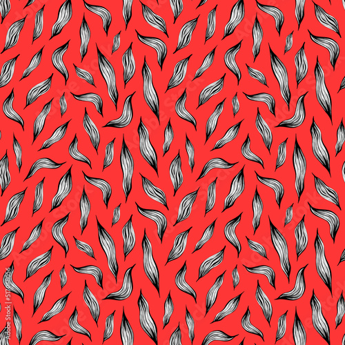 pattern of Grey plant leaves on a red background. Botanical seamless pattern with leaves drawn by hand. Design for fabric, Wallpaper, textiles, packaging, backgrounds.