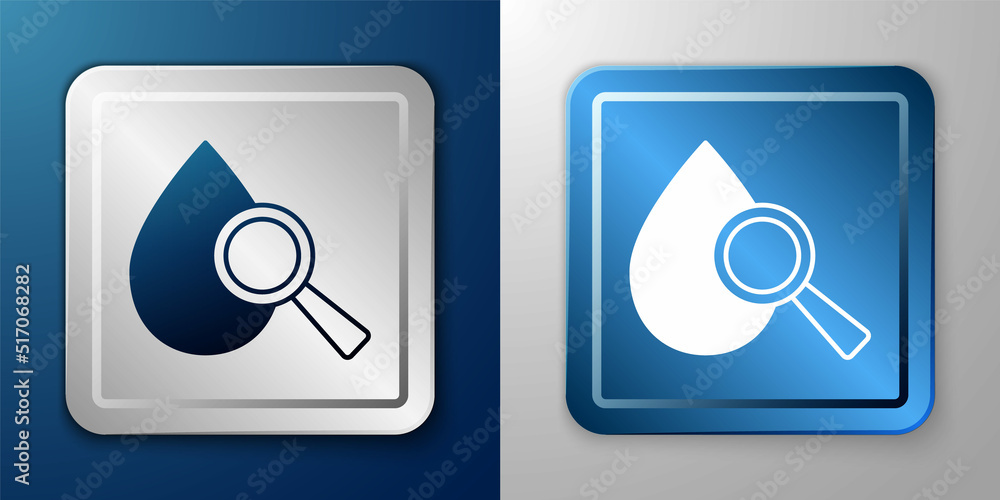 White Drop and magnifying glass icon isolated on blue and grey background. Silver and blue square button. Vector White Drop and magnifying glass icon isolated on blue and grey background. Silver and blue square button. Vector