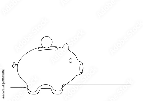 Piggy bank with coin. Continuous line.