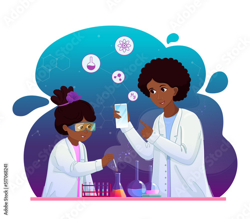 Schoolgirl makes a chemical experiment. The concept of home education and online chemistry courses. Vector colorful illustration.