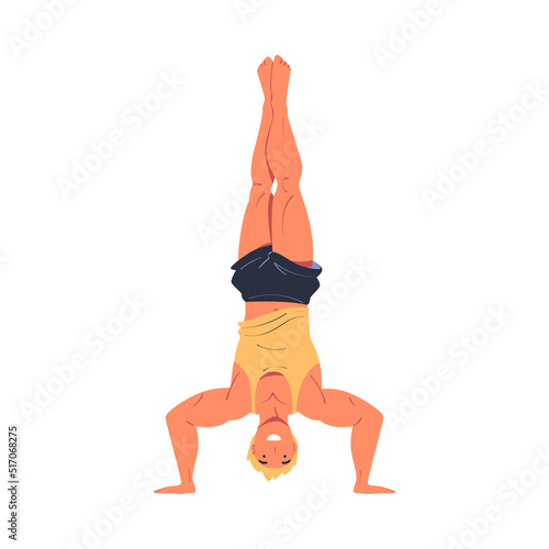 Young Man Character Standing on Head Doing Sport at Home Vector Illustration