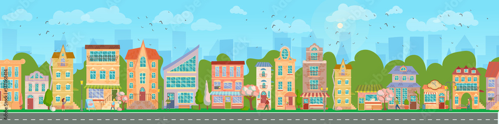 Fototapeta premium City street. Panoramic cityscape with bright houses, walking pedestrians, flowering trees. Shop and stores. Spring city. Vector illustration in cartoon style.