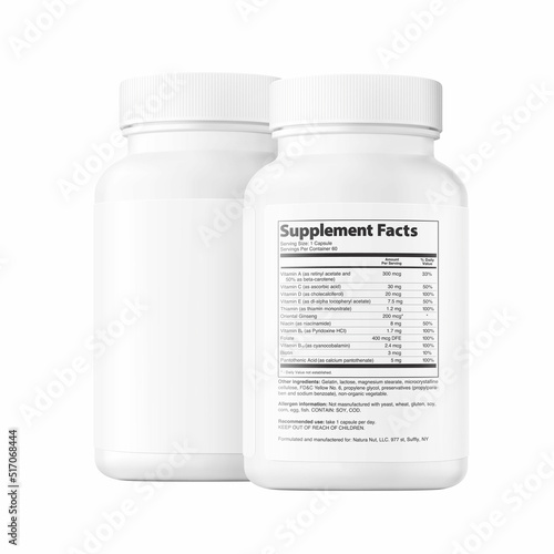 White bottle mockup. Front and rear view with sample text. Vector illustration isolated on white background. Perfect for medical, cosmetic, pharmacy products. EPS10.	