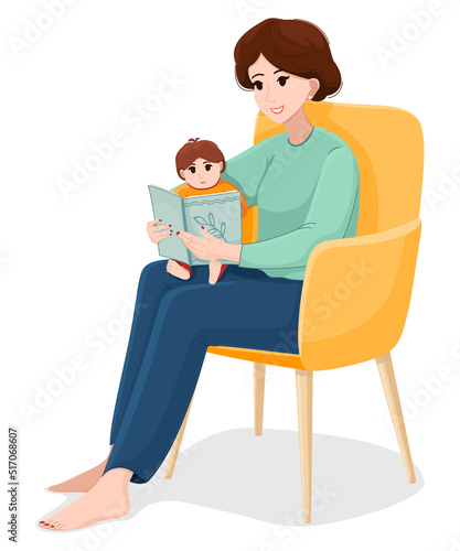 Mom reads a book to her child before going to bed. The woman is sitting in a chair. Vector illustration isolated on white background. Babysitting services