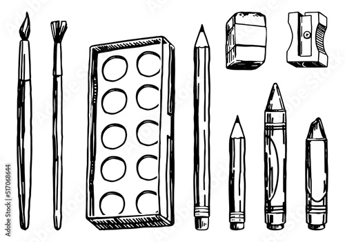Beginner artist supplies collection. Set of paints, pencils, paint brushes. Hand drawn vector illustrations. Back to school cliparts isolated on white.