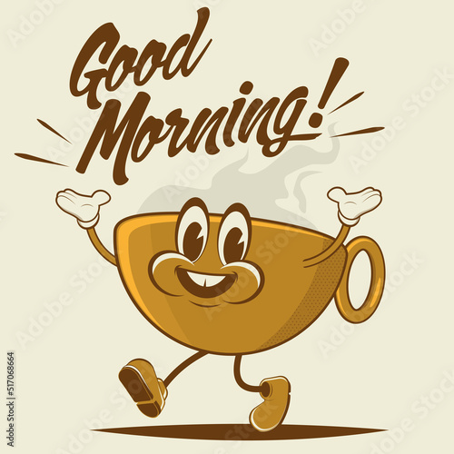 retro cartoon illustration of a walking coffee cup