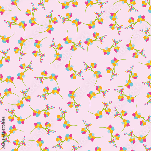 Seamless floral bright multicolored pattern on a light background. Twigs with flowers. Flat design.