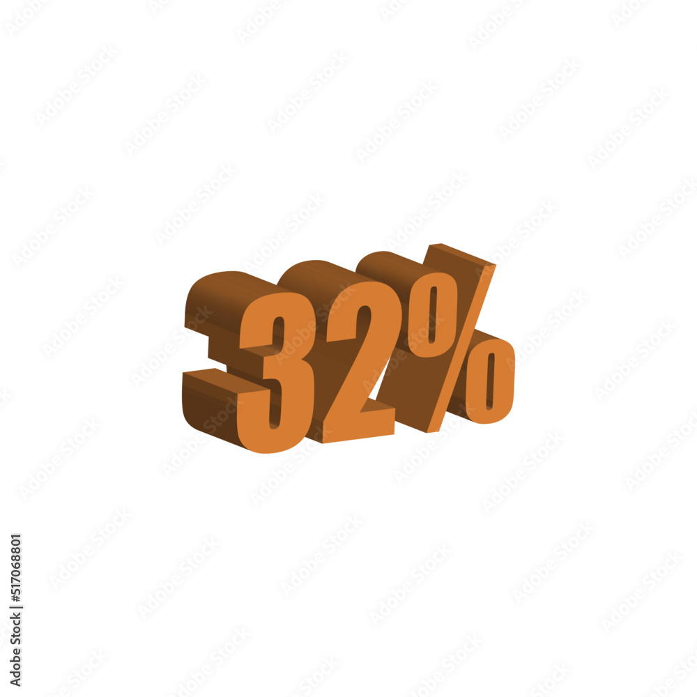 32 percent 3D orange text. 32% 3D text on white background. Thirty-two percent Special offer, discount and percentage tag vector 32 percent 3D orange text. 32% 3D text on white background. Thirty-two percent Special offer, discount and percentage tag vector