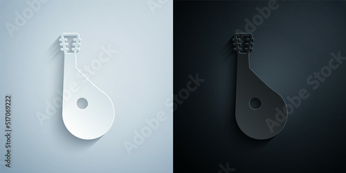Paper cut Ukrainian traditional musical instrument bandura icon isolated on grey and black background. Paper art style. Vector