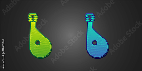 Green and blue Ukrainian traditional musical instrument bandura icon isolated on black background. Vector