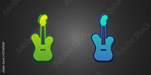 Green and blue Electric bass guitar icon isolated on black background. Vector
