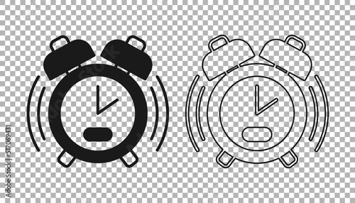 Black Alarm clock icon isolated on transparent background. Wake up, get up concept. Time sign. Vector