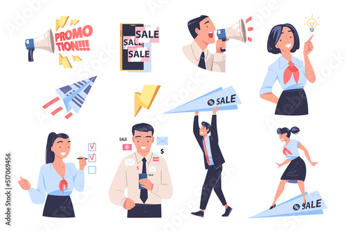 Promotion with Man and Woman Engaged in Marketing and Advertisement Campaign with Paper Plane Vector Set