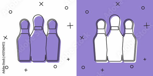 Set Bowling pin icon isolated on white and purple background. Juggling clubs, circus skittles. Vector