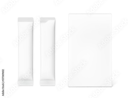 Universal blank cardboard box with wide stick bag mockup. Vector illustration isolated on white background. Can be use for food, medicine, cosmetic and etc. EPS10.	