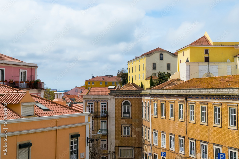 Lisboa, Portugal. April 9, 2022: Colorful architecture and facade in the Alfama neighborhood.