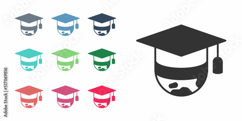 Black Graduation cap on globe icon isolated on white background. World education symbol. Online learning or e-learning concept. Set icons colorful. Vector