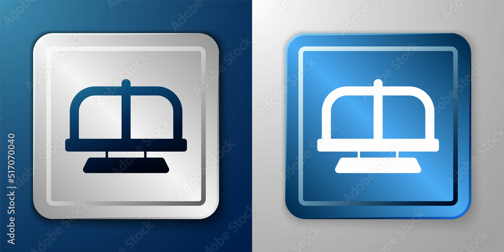 White Attraction carousel icon isolated on blue and grey background. Amusement park. Childrens entertainment playground, recreation park. Silver and blue square button. Vector White Attraction carousel icon isolated on blue and grey background. Amusement park. Childrens entertainment playground, recreation park. Silver and blue square button. Vector