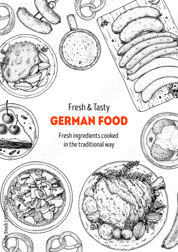 German food menu sketches. Design template. Hand drawn illustration. German cuisine. Food sketch. Black and white. Engraved style.