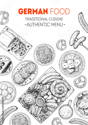 German food menu sketches. Design template. Hand drawn illustration. German cuisine. Black and white. Engraved style. Hand drawn food sketch illustration