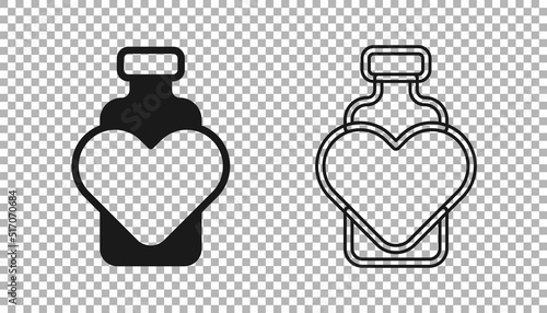 Black Bottle with love potion icon isolated on transparent background. Valentines day symbol. Vector
