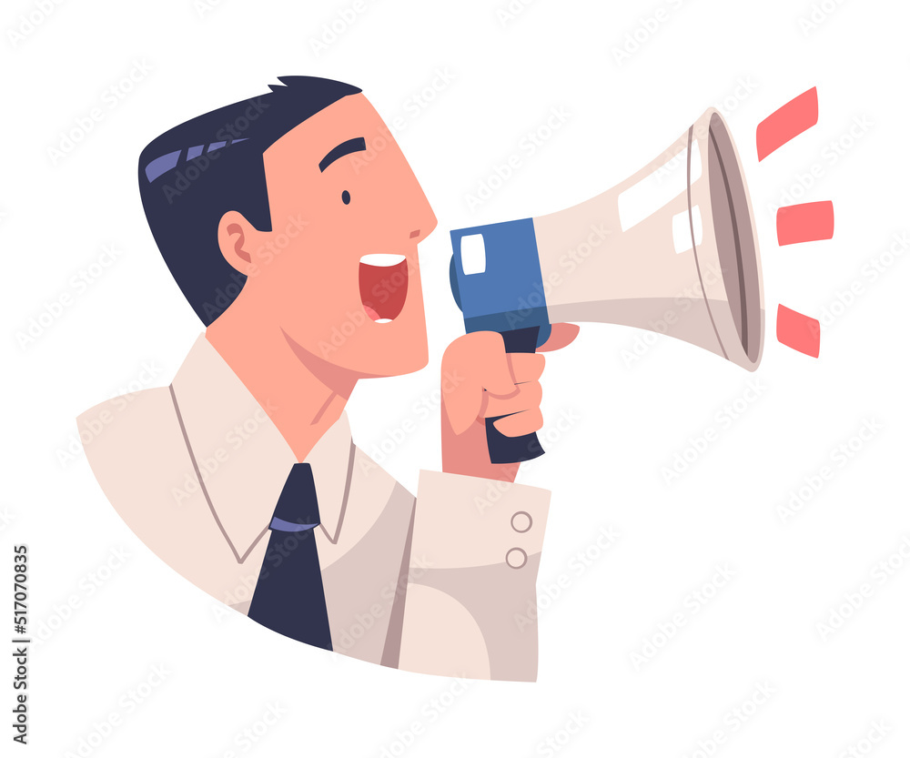 Promotion with Man Character Shouting in Megaphone Announcing New Product as Marketing and Advertisement Campaign Vector Illustration Promotion with Man Character Shouting in Megaphone Announcing New Product as Marketing and Advertisement Campaign Vector Illustration
