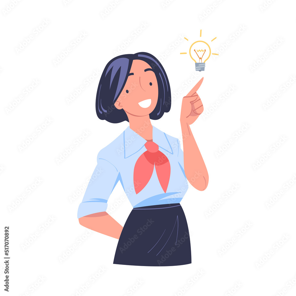 Smiling Woman Office Employee with Lightbulb Having Idea Vector Illustration Smiling Woman Office Employee with Lightbulb Having Idea Vector Illustration