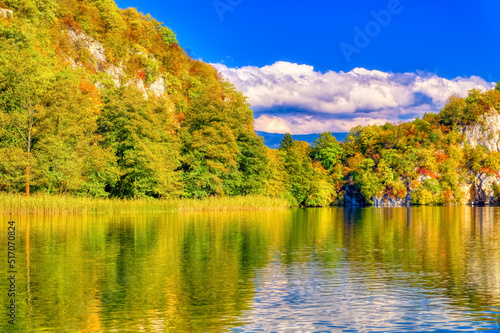 Landscape view over great Pliva lake during autumn day in Jajce, Bosnia and Herzegovina.